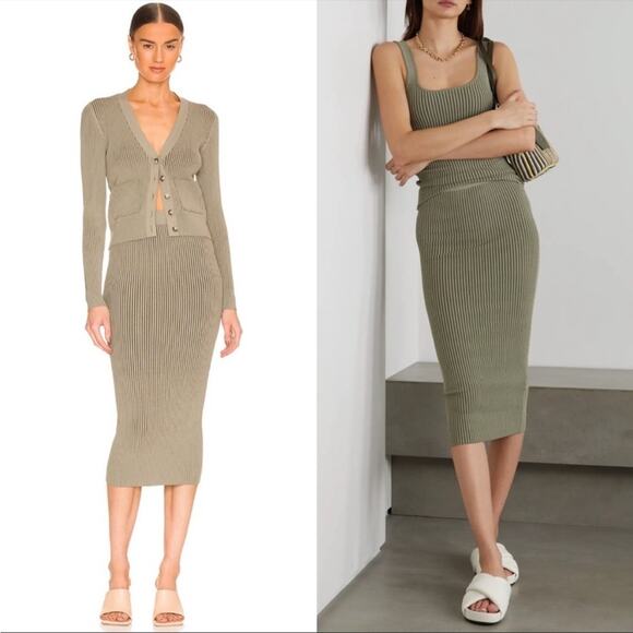 ANINE BING Julian Ribbed Knit Midi Skirt XS NWT Green Khaki & Olive - Picture 1 of 3